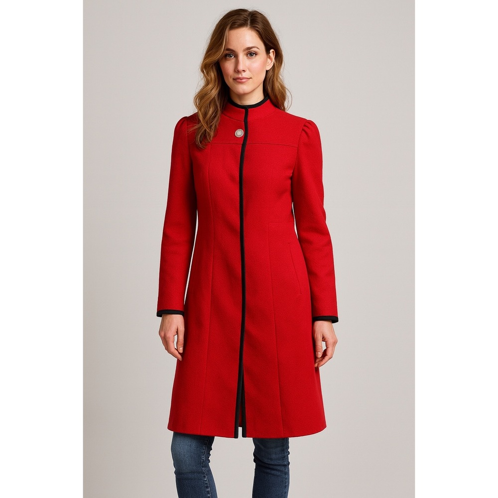 Vintage Red Worumbo Wool Coat Women's Small Black Trim Opera Pea Coat Classic